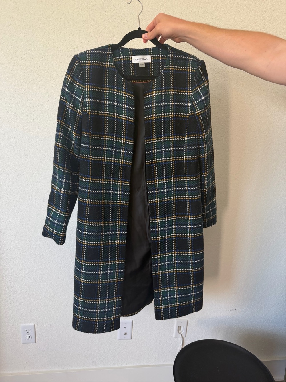 Calvin Klein Navy and Green Plaid Open-Front Coat